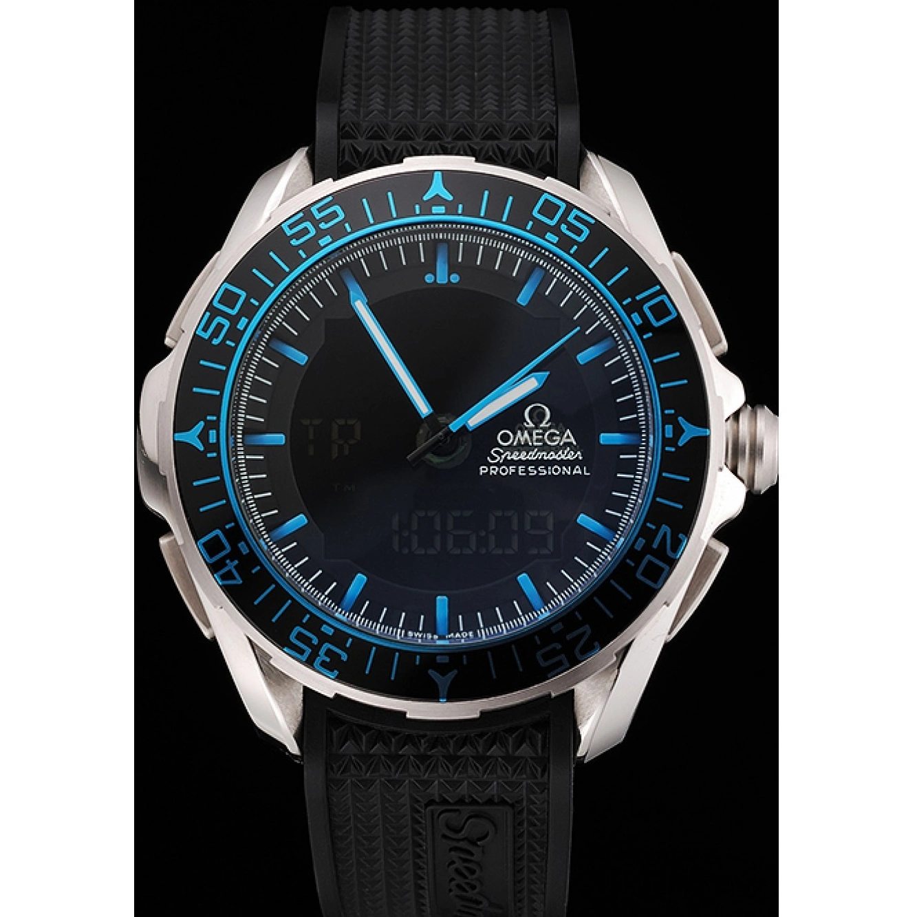 1025 Omega Speedmaster Skywalker X-33 Black Dial Blue On Black Bezel Stainless Steel Black Rubber Strap